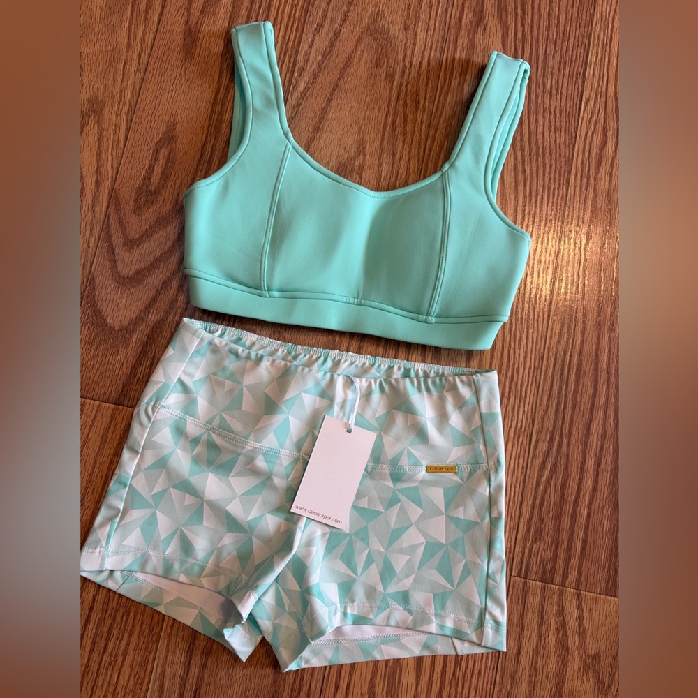 Cleo Harper Mint Green Sports Bra and Geometric Swim Shorts Set